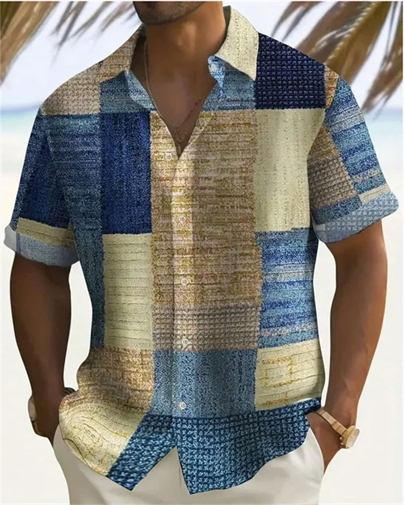 🎨 The Geometric 3D Block Masterpiece: Premium Men's Color-Block Hawaiian Shirt – High-Definition Digital Print, Breathable Short-Sleeve Button-Down, and Inclusive Oversized Silhouette (Up to 5XL)