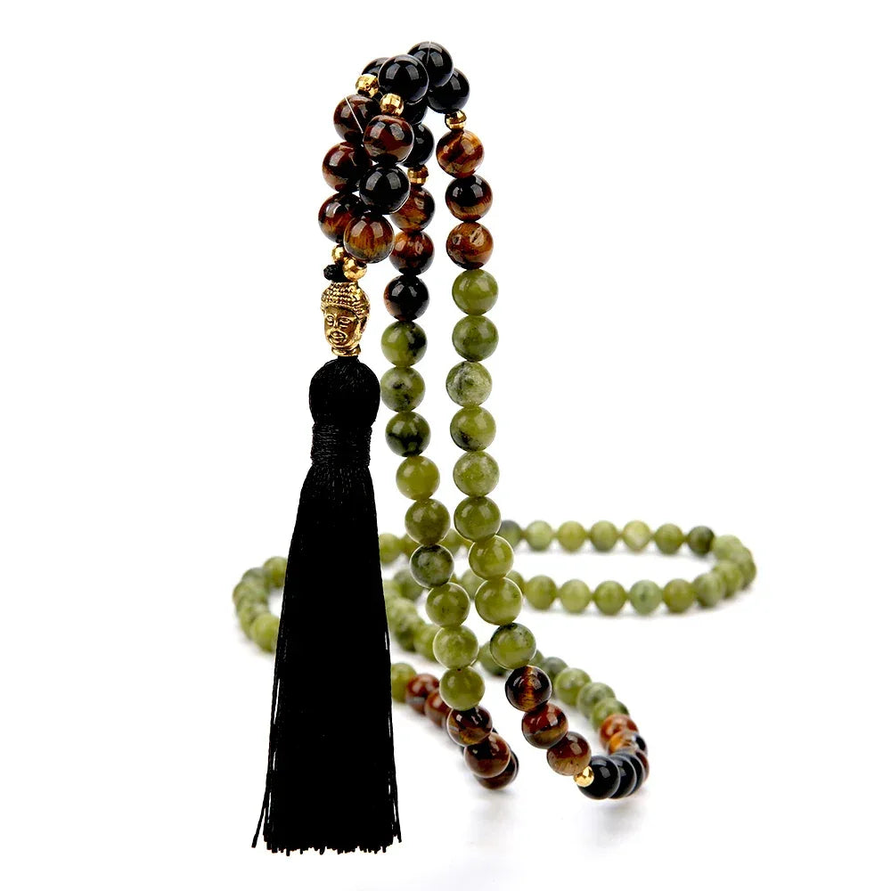 🔴 Southern Red Agate, Tiger Eye & Black Onyx 108 Mala Beads (8mm): The Triad of Vitality, Wealth & Protection – Root Chakra Healing Meditation Necklace