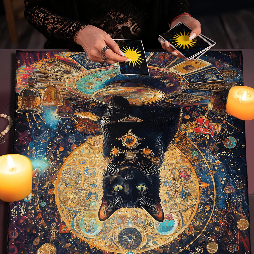 🔮Colorful Mandala Black Cat Altar Cloth – Tarot Tablecloth with Moon & Starry Sky for Witchcraft, Divination & Mystical Home Decor