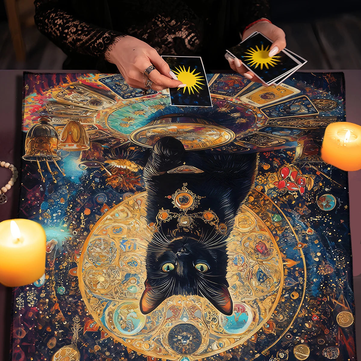 🔮Colorful Mandala Black Cat Altar Cloth – Tarot Tablecloth with Moon & Starry Sky for Witchcraft, Divination & Mystical Home Decor