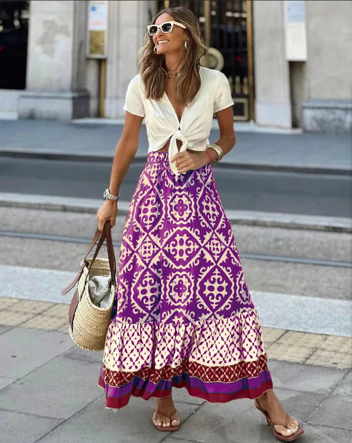 🌟 Women's Large Swing Skirt European And American Foreign Trade Printed Loose Splicing Half Skirt PURPLE