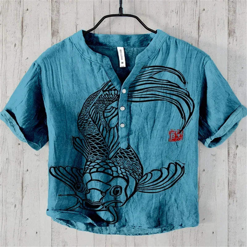 🖌️ The Zen Ink Artisan: Premium 2026 Men’s 3D Japanese Landscape Shirt – High-Definition Bamboo, Bird & Koi Ink-Wash Print, Breathable Wrinkle-Resistant Hybrid, and Sophisticated Henry V-Neck Casual Button-Down HTY907