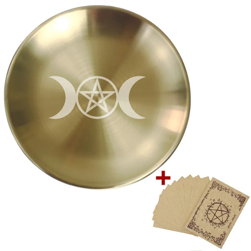 Pagan Pentagram Altar Plate – Metal Ritual Tray for Crystals, Jewelry, Candle and Incense Holder, Witchcraft Supply Essential 14cm TripleMoon1-Golden