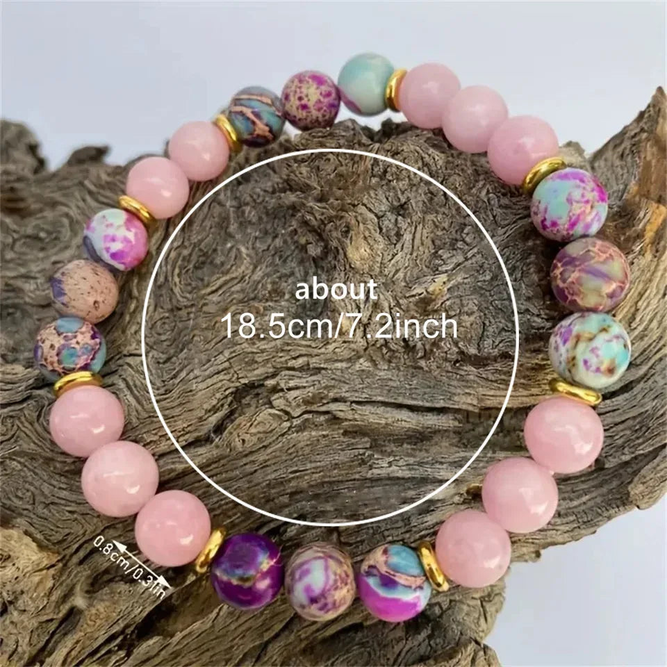 🌈 The "Royal Bloom" Bracelet: Rainbow Imperial Jasper (Emperor Stone) Heart & Flower Bangle