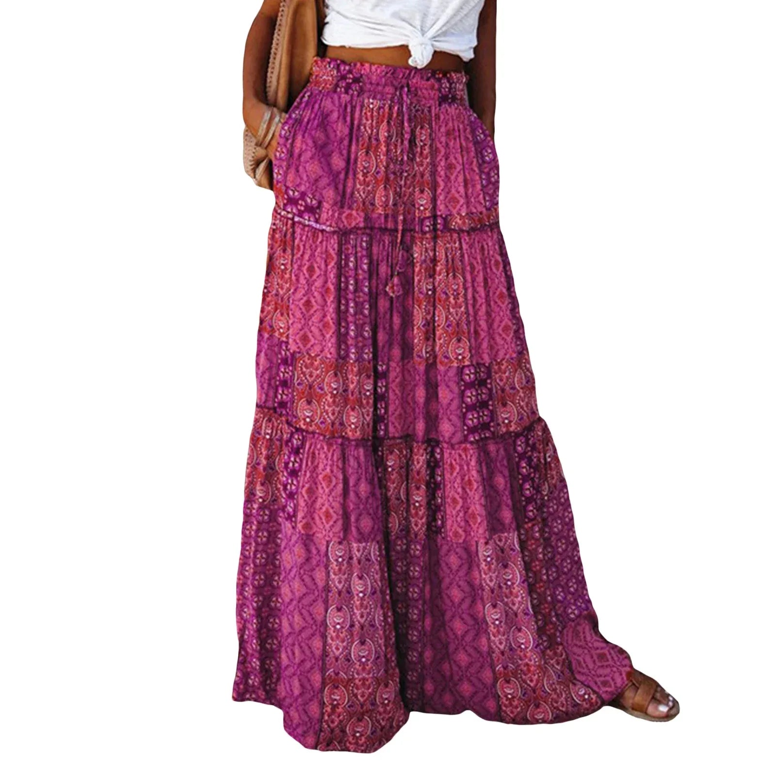 Women’s Bohemian High Waist Skirt A-Line Swing with Pockets - Drawstring Elastic Long Skirt D