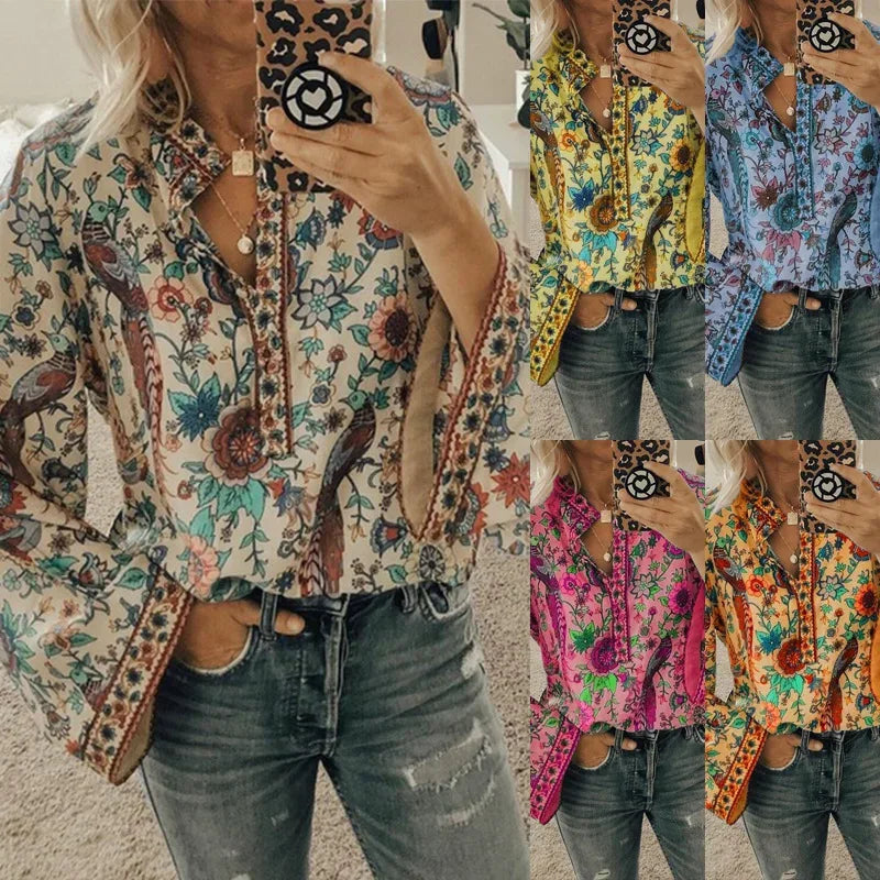 Women's Floral Print Blouse - New Summer Design, Loose Fit, Flared Long Sleeves, Model CKX9070