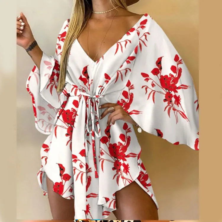 Women Print Dress Sexy V-Neck Bat Sleeve Ruffl Flowers Print Bohemian Beach Sundress Ladies Loose Summer Vacation Mini Dresses WHITE