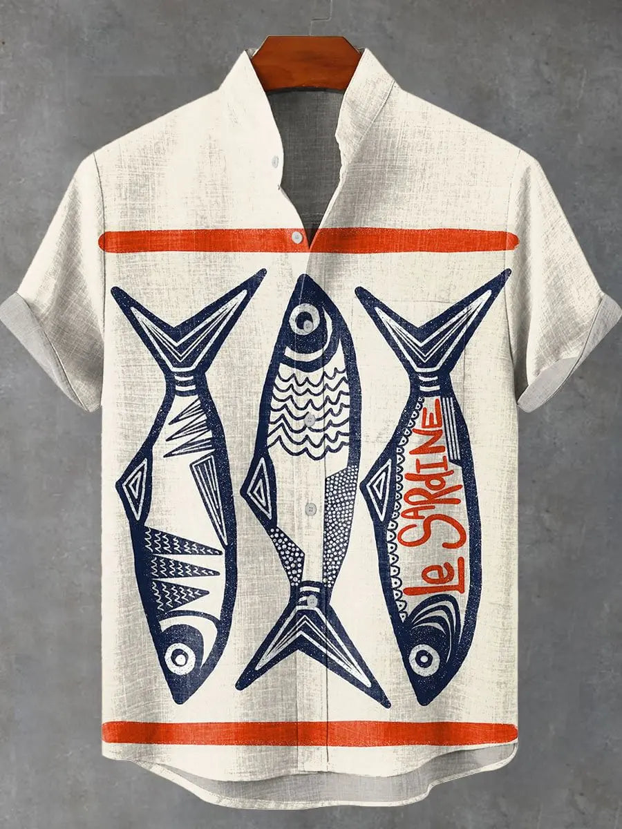 🌊The Vintage Angler’s Heritage: Premium Men’s Cotton-Linen Casual Shirt – Retro 3D Fish Pattern, Breathable Short-Sleeve Utility Top (Camisas De Hombre), and Sophisticated Coastal Silhouette SFQQQD1040