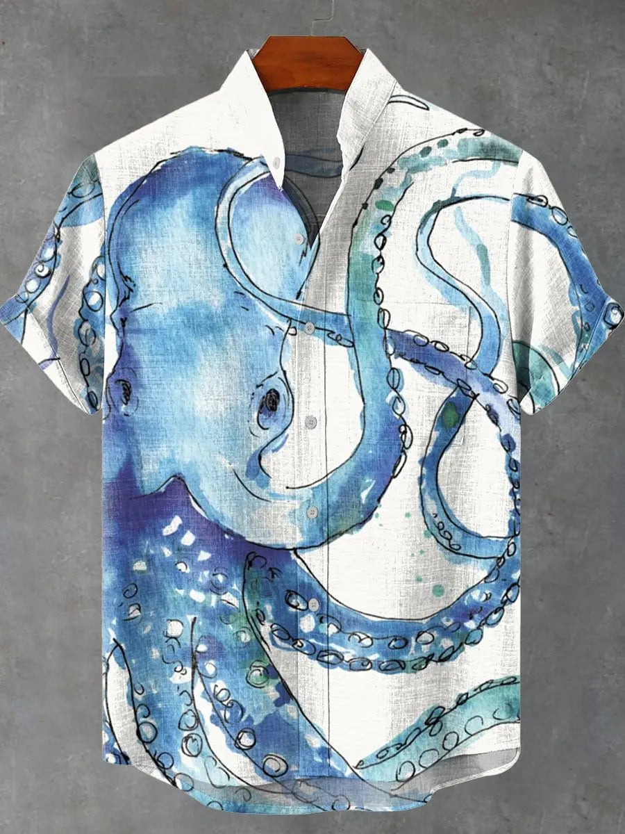 🐙 The Abyssal Kraken Art Edition: Premium Men’s Organic Linen Shirt – High-Definition Deep Sea Giant Octopus Print, Breathable Short-Sleeve Casual Button-Down, and Sophisticated Nautical Graphic Top