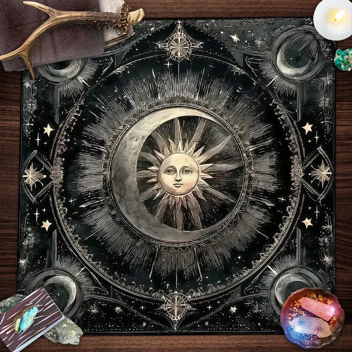 Pentagram Flowers & Plants Tarot Card Tablecloth Polyester Moon Tree of Life Altar Cloth Pagan Starry sky Divination Home Decor