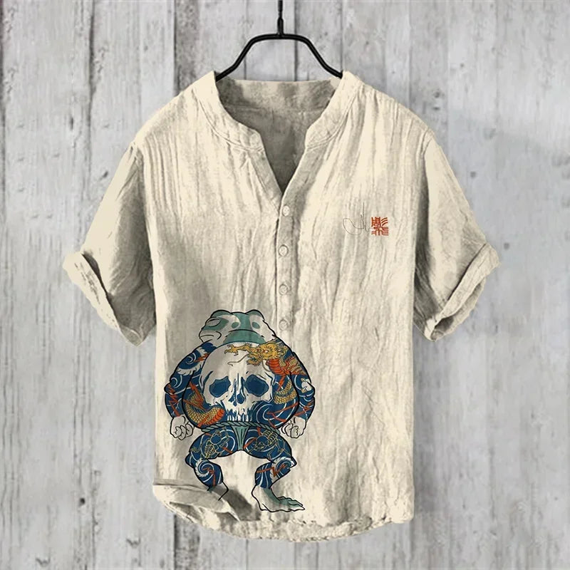 The Bamboo-Zen Anime Edition Premium Unisex Bamboo-Linen V-Neck Shirt - High-Definition Anime Feline Character Print Ultra-Breathable Eco-Fiber Blend Spring Summer Casual Button-Down Apparel
