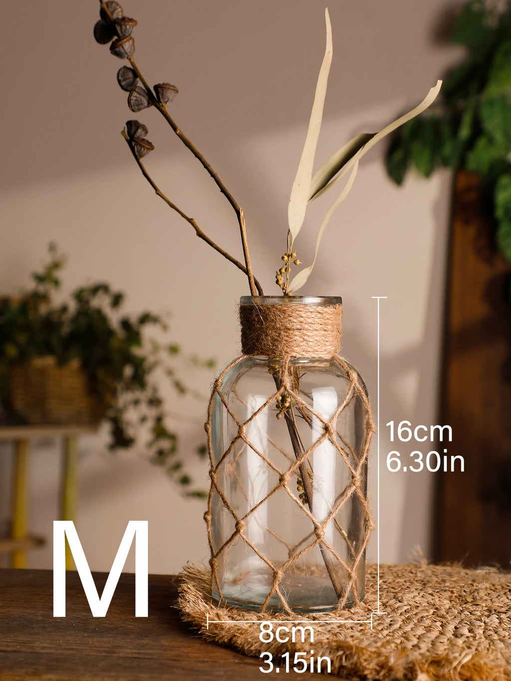 🌿Rustic Hanging Glass Vase with Hemp Rope Net – Handmade Transparent Glass Holder for Dried Flowers and Boho Home Décor TK-RXHP287