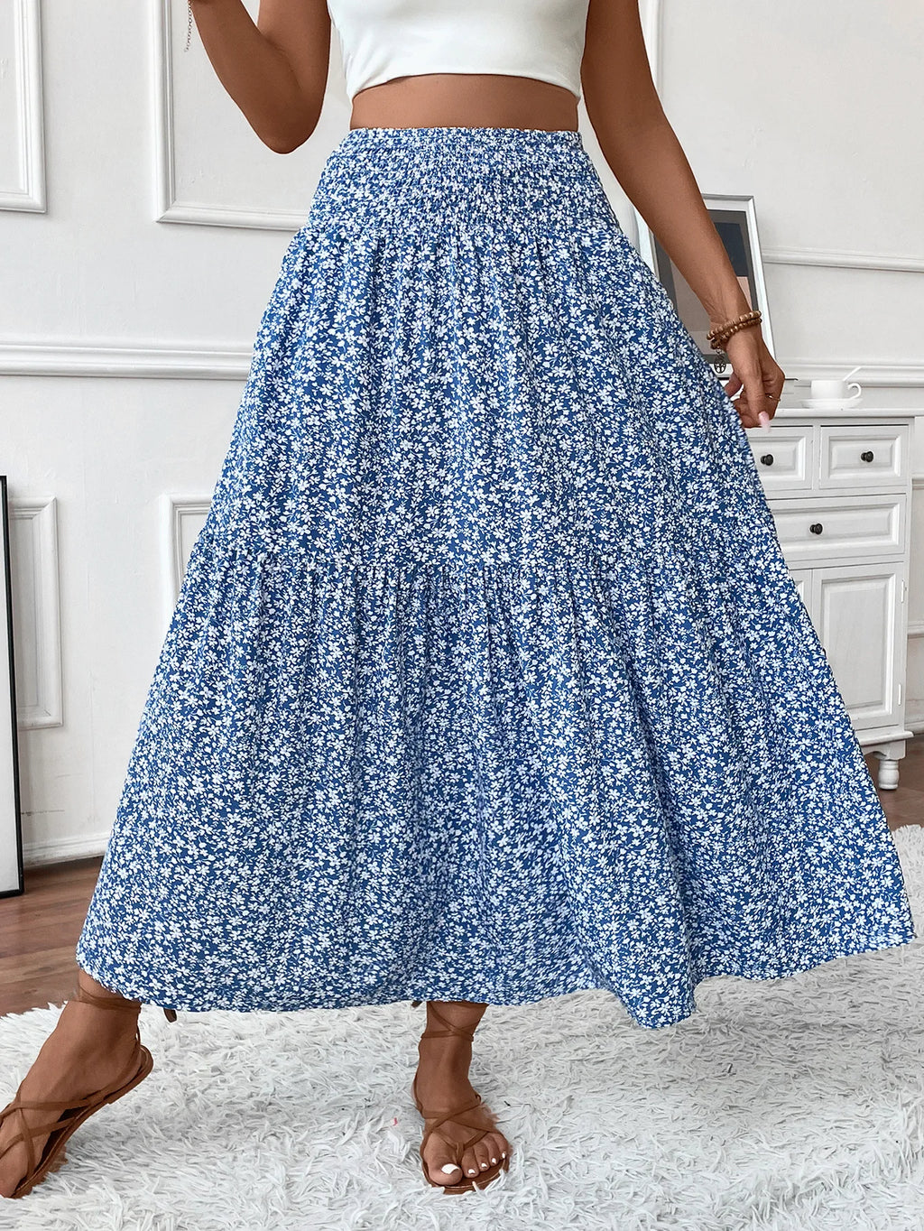 🌟 Women New Classic Printed Skirt Retro High Waist Long Skirt Casual Stylish Loose Beach Skirt Elegant Ladies Floral Pleated Skirt﻿
