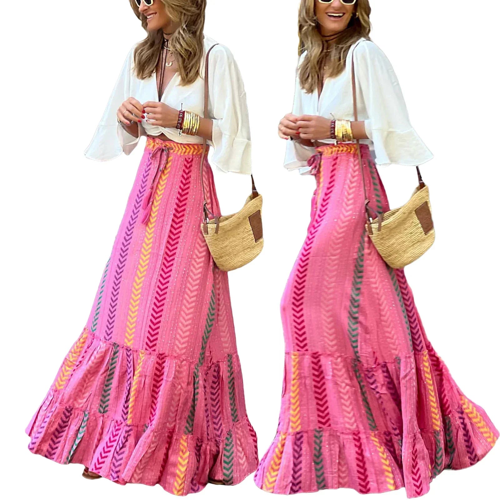👗 Women’s Flowy Boho Skirt – Printed Ruffled Hem, Summer Casual Long Skirt for Beach, Vacation, Club, and Streetwear Aesthetic D