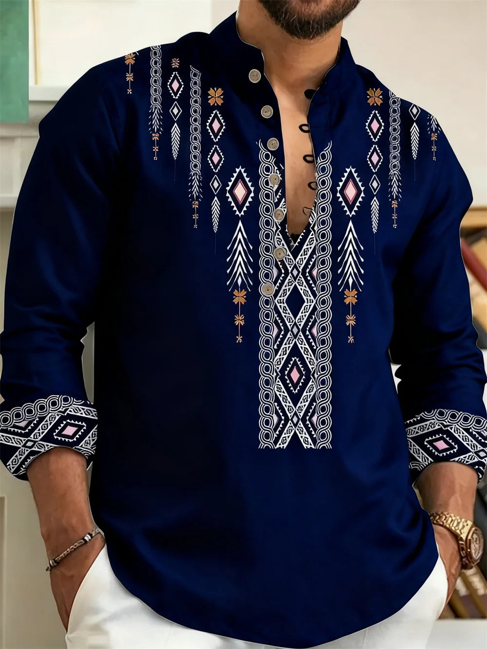 🎨 The Ethnic Floral Artisan: Premium Men’s Modern Long-Sleeve Shirt – High-Definition Tribal Botanical Graphic Print, Sophisticated Modern-Fit Tailoring, and Breathable All-Season Casual Button-Down ZW7802