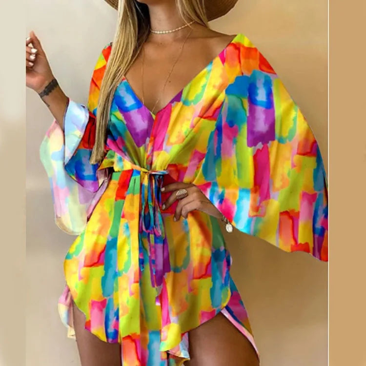 Women Print Dress Sexy V-Neck Bat Sleeve Ruffl Flowers Print Bohemian Beach Sundress Ladies Loose Summer Vacation Mini Dresses Yellow