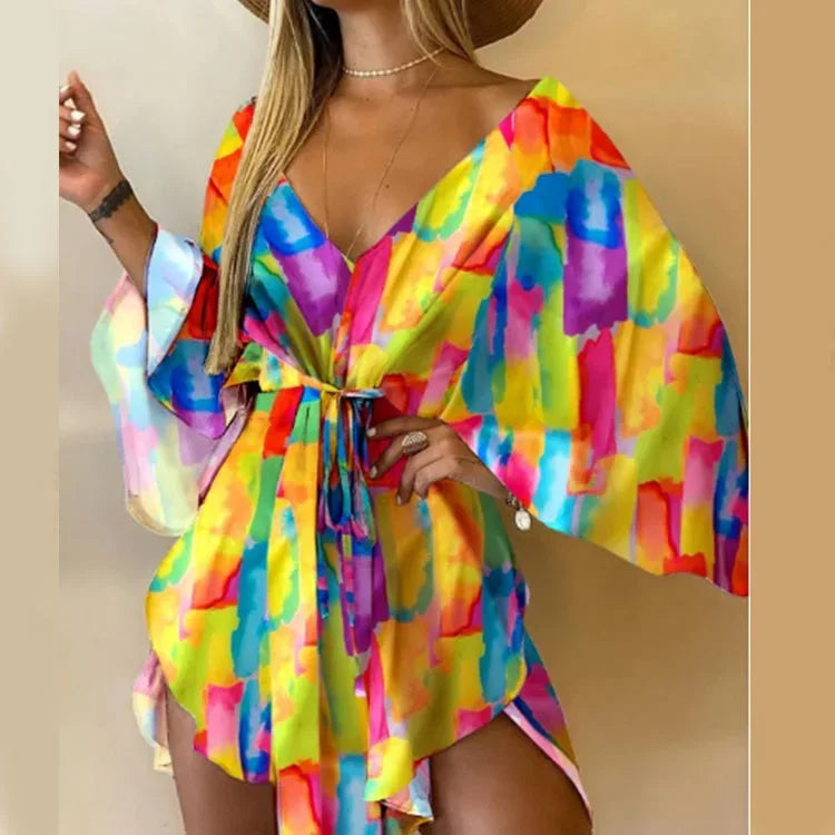 Women’s Bohemian Floral Mini Dress - Sexy V-Neck, Batwing Sleeves & Ruffle Detail Yellow
