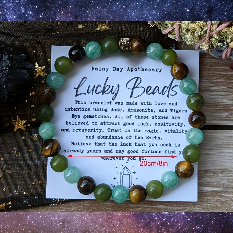 ✨ Lucky Beads Bracelet – Jadeite, Tiger Eye & Amazonite – 6mm Crystal Jewelry for Good Luck and Prosperity – Gift for Women