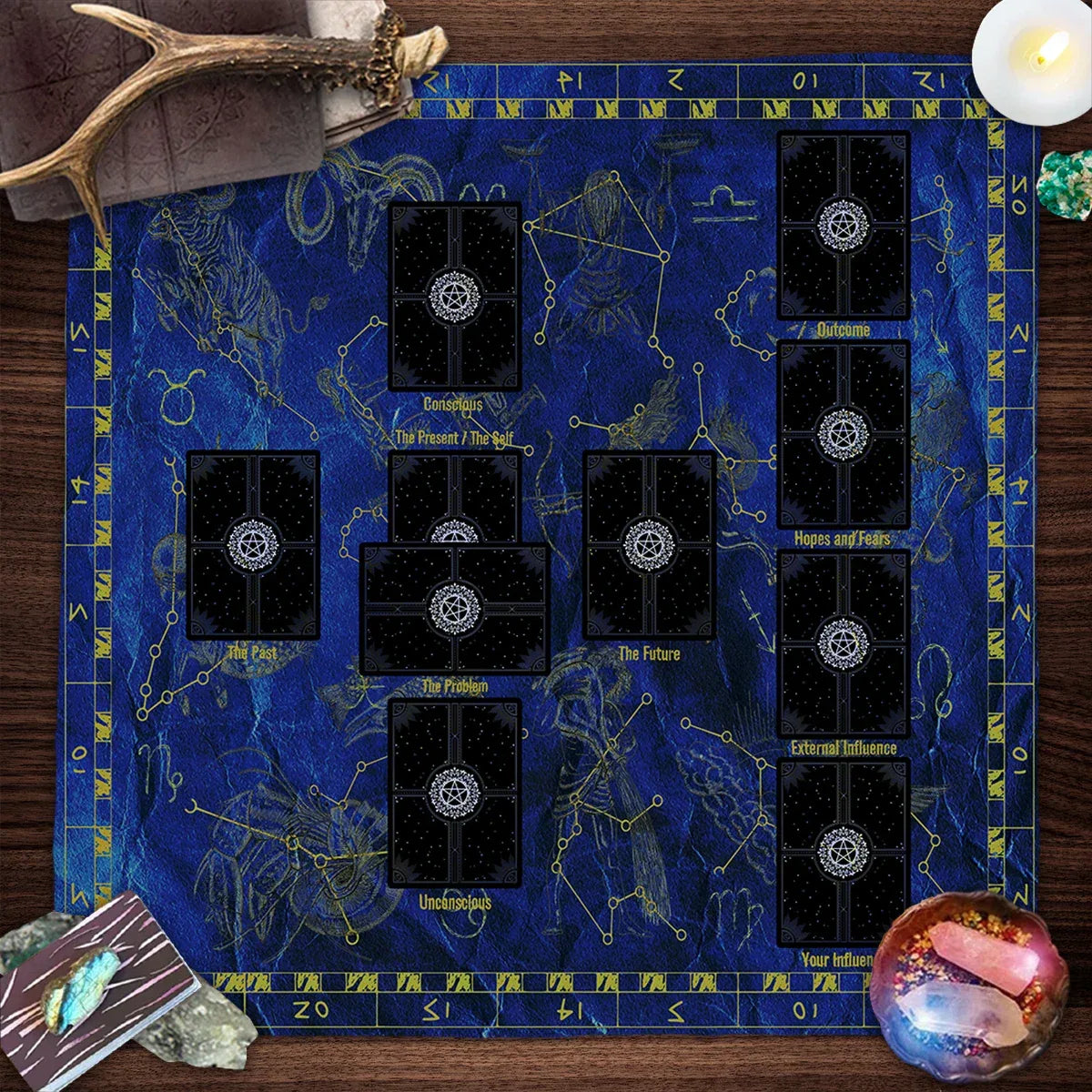 🔮Golden Celtic Cross Tarot Tablecloth – Elegant Polyester Altar Cloth Featuring Iconic Celtic Cross, Moon, Stars, and Floral Motifs HDS-2508241035