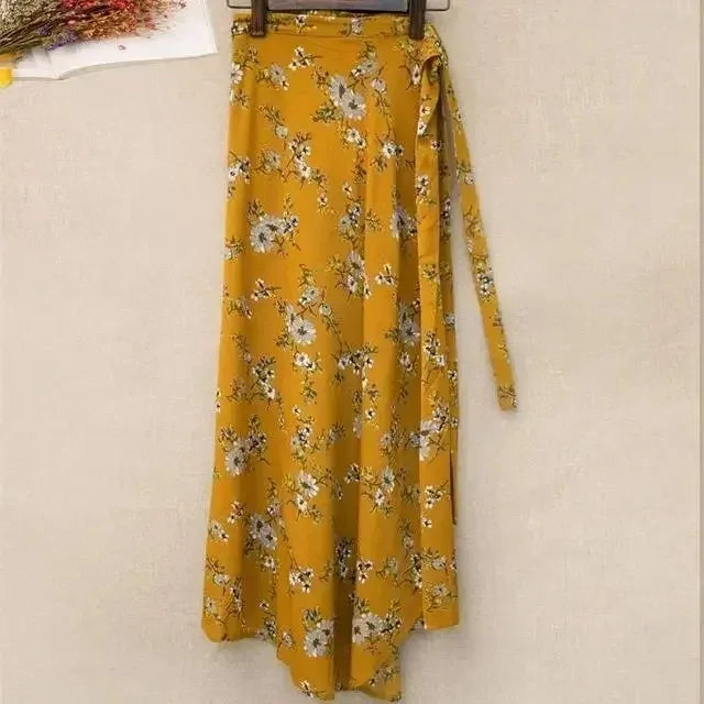 🌟 Summer Beach Floral Skirt for Women Cotton High Waist Wrap Maxi Skirt Long with Side Slit & Tie Detail Boho Style Design﻿