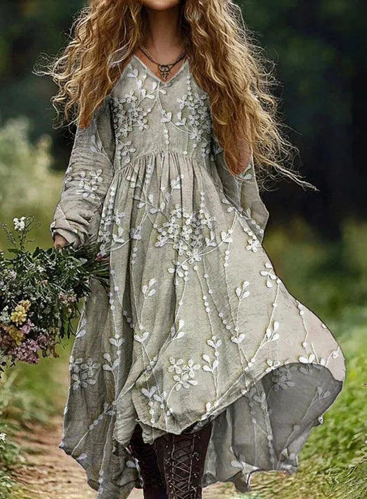 🛍️ Casual Women’s Vintage Printed Dress – V-Neck, Long Sleeves, Loose Large Swing Dress for Spring & Autumn 11