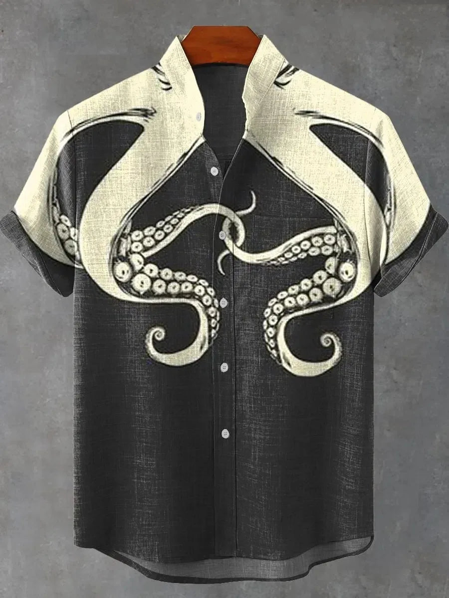 🐙 The Abyssal Kraken Art Edition: Premium Men’s Organic Linen Shirt – High-Definition Deep Sea Giant Octopus Print, Breathable Short-Sleeve Casual Button-Down, and Sophisticated Nautical Graphic Top SFQQQD265
