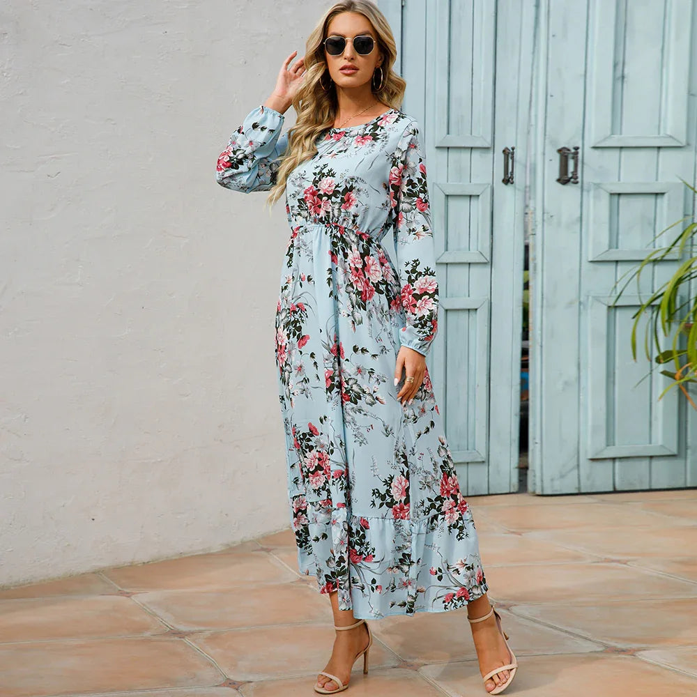 Women’s Bohemian Maxi Dress - Casual Chiffon Dress with Full Sleeves, High Waist, and Floral Print for Spring and Autumn