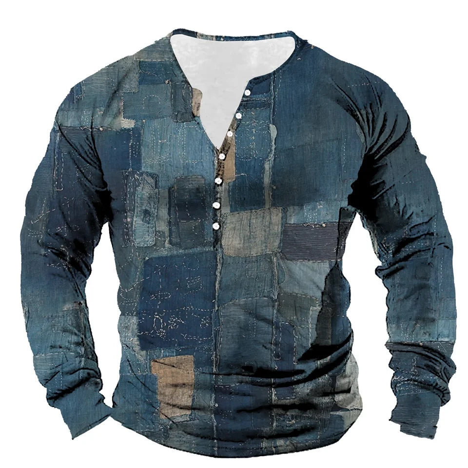 🛠️ The Denim-Patch Masterpiece: Premium Men’s 3D Printed Vintage T-Shirt – High-Definition Plaid & Denim Patchwork Graphic, Long-Sleeve Oversized Fit with Button Accents, and Sophisticated Urban-Grunge Streetwear Tee