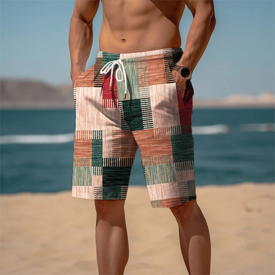 🏁 The Geometric Terry-Luxe Masterpiece: Premium Men's 3D Plaid Graphic Shorts – High-Definition Digital Print, Ultra-Soft Breathable Terry Fabric, and Mid-Rise Elastic Drawstring Waist (Daily & Beach Ready) DK2024TGBA033