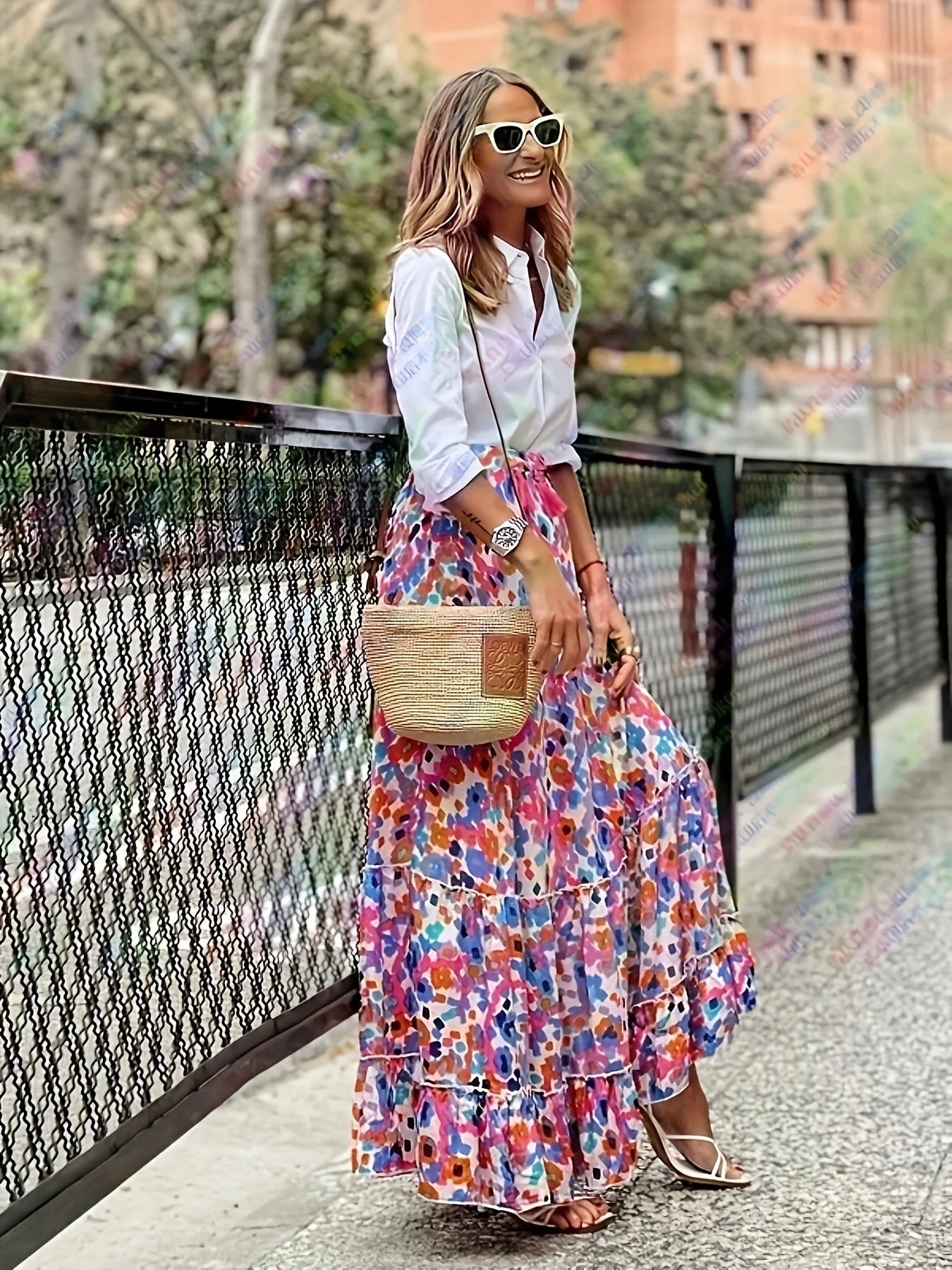🌟 Elegant Women Green Print Elastic Waist Skirt Spring Summer Femme Patchwork Slim Skirt Streetwear Casual Ankle-Length Long Skirt﻿