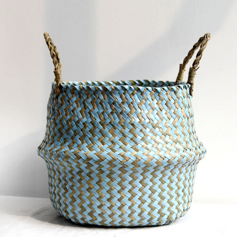 Handmade Boho Striped Wicker Storage Baskets – Collapsible Laundry & Garden Flower Pot Baskets with Patchwork Design