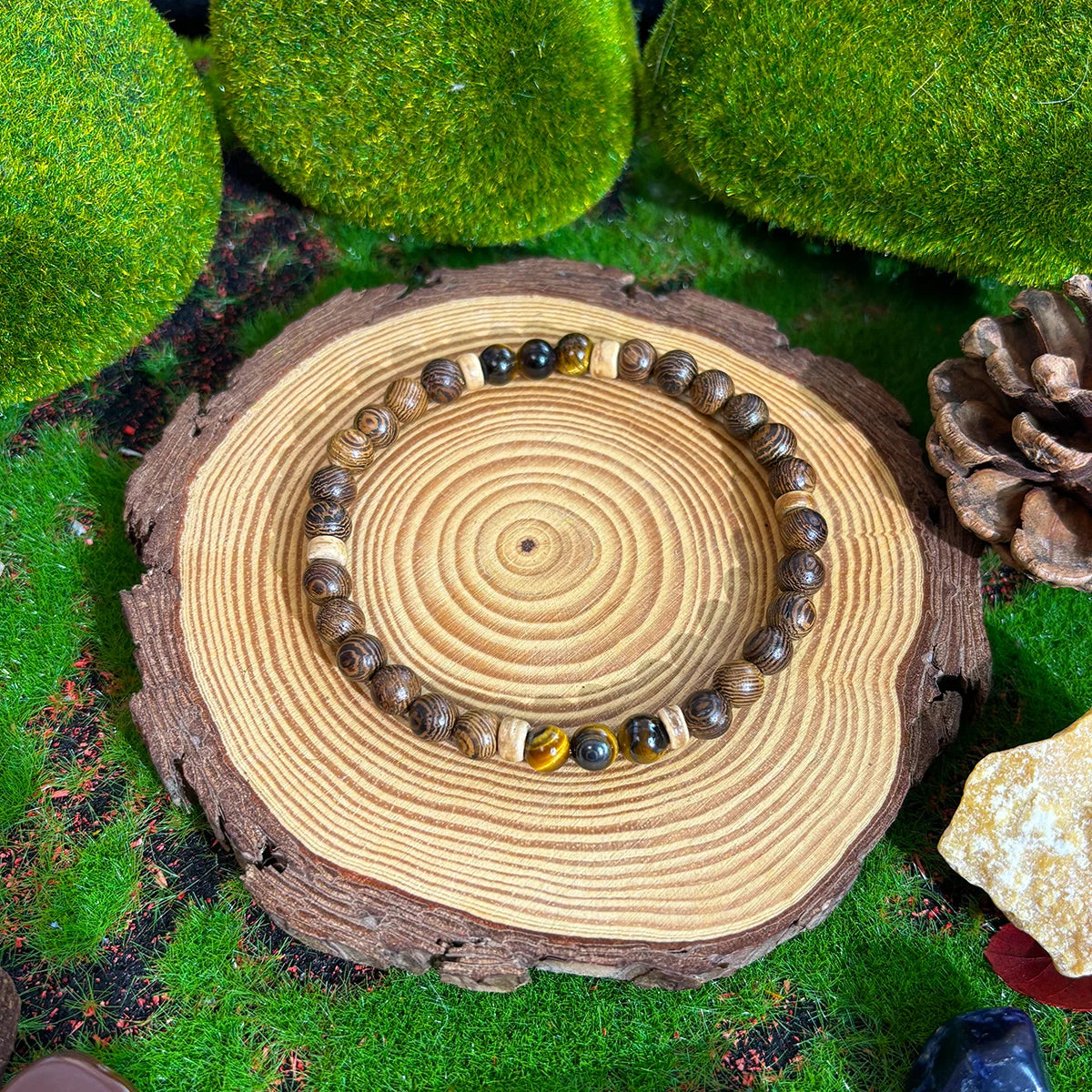 ✨ Anti-Anxiety & Stress Relief 6mm Bracelet – Tiger Eye Stone and Wood Beads – Unisex Handmade Jewelry Gift