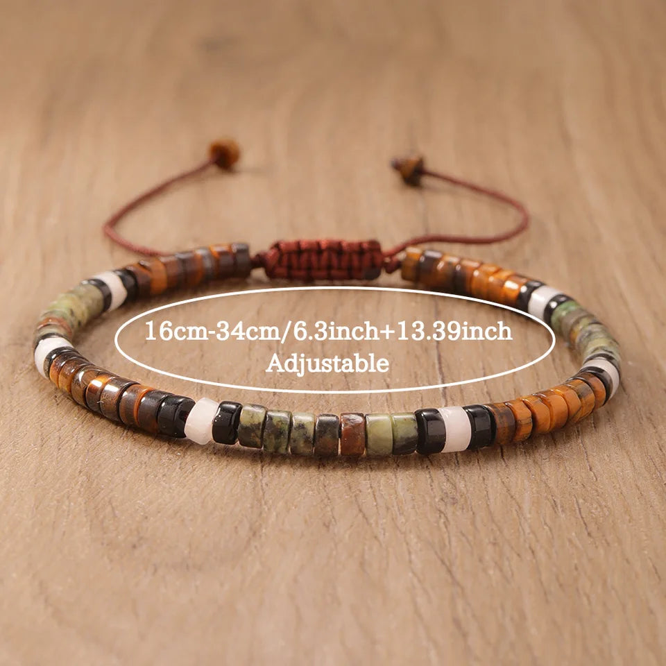 ✨ Natural Stone Beaded Woven Bracelet – Tiger’s Eye & Obsidian – Adjustable Unisex Couple Jewelry with Encouragement Blessing Card