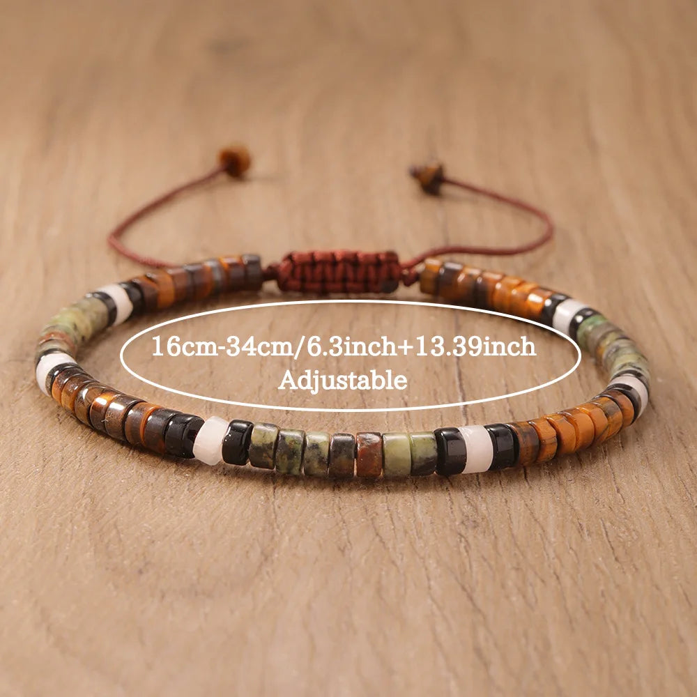 ✨ Natural Stone Beaded Woven Bracelet – Tiger’s Eye & Obsidian – Adjustable Unisex Couple Jewelry with Encouragement Blessing Card