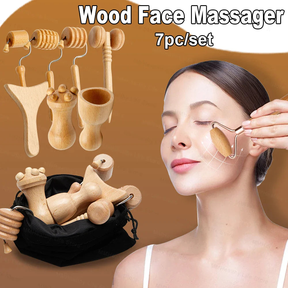 Wood Therapy Face Massager – Face Lifting Maderoterapia Gua Sha Wrinkle Remover, Skin Scraper, Anti-Cellulite Neck Lift Beauty Tool﻿