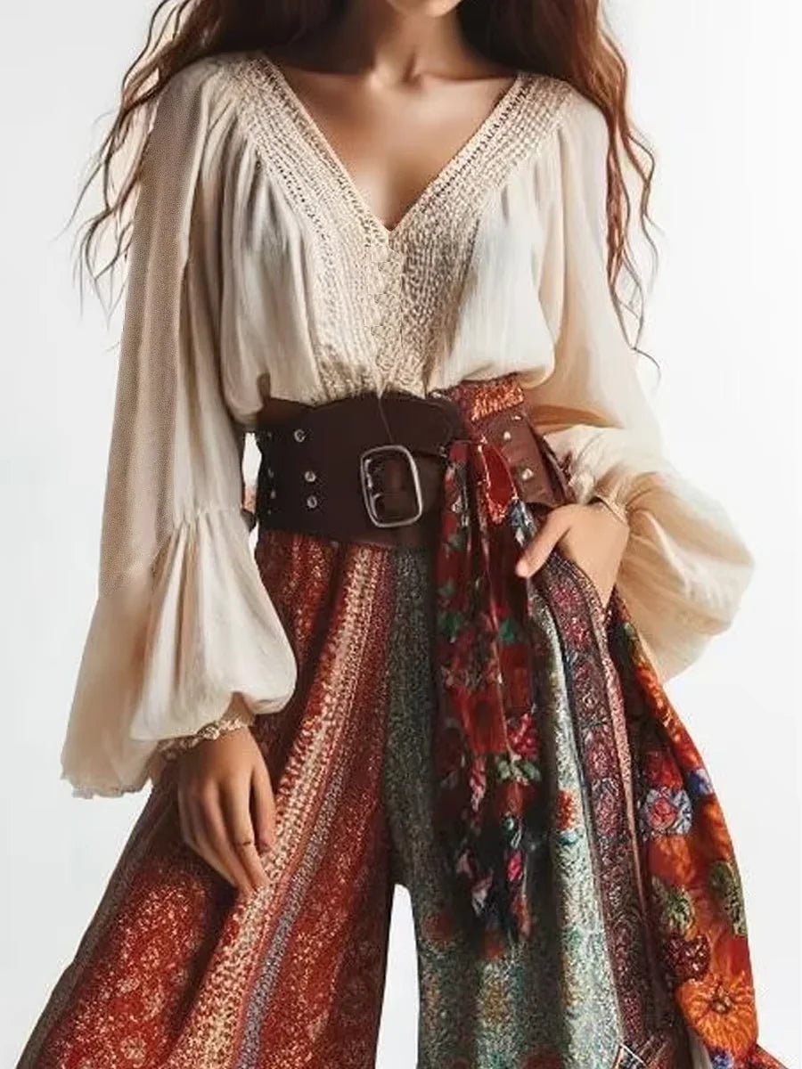 👗 Chic Lantern Sleeves Boho Blouse – Solid Color, Sexy V-Neck, Patchwork Ethnic Style Women’s Tops for Spring, Summer, and Autumn Casual Wear