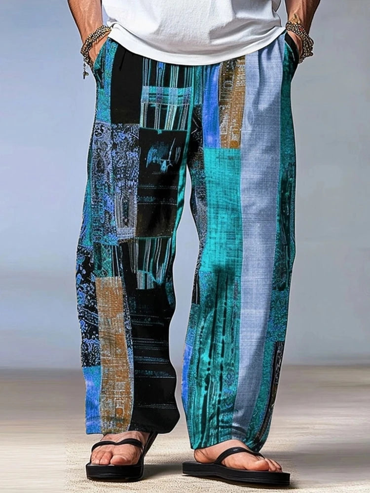 🌊 The Geometric Motion Beach Trouser: Premium Men’s Casual Long Pants – High-Definition 3D Striped & Geometric Print, Breathable Quick-Dry Fabric, and Signature Elastic Drawstring Waist SJC04J2025051V9