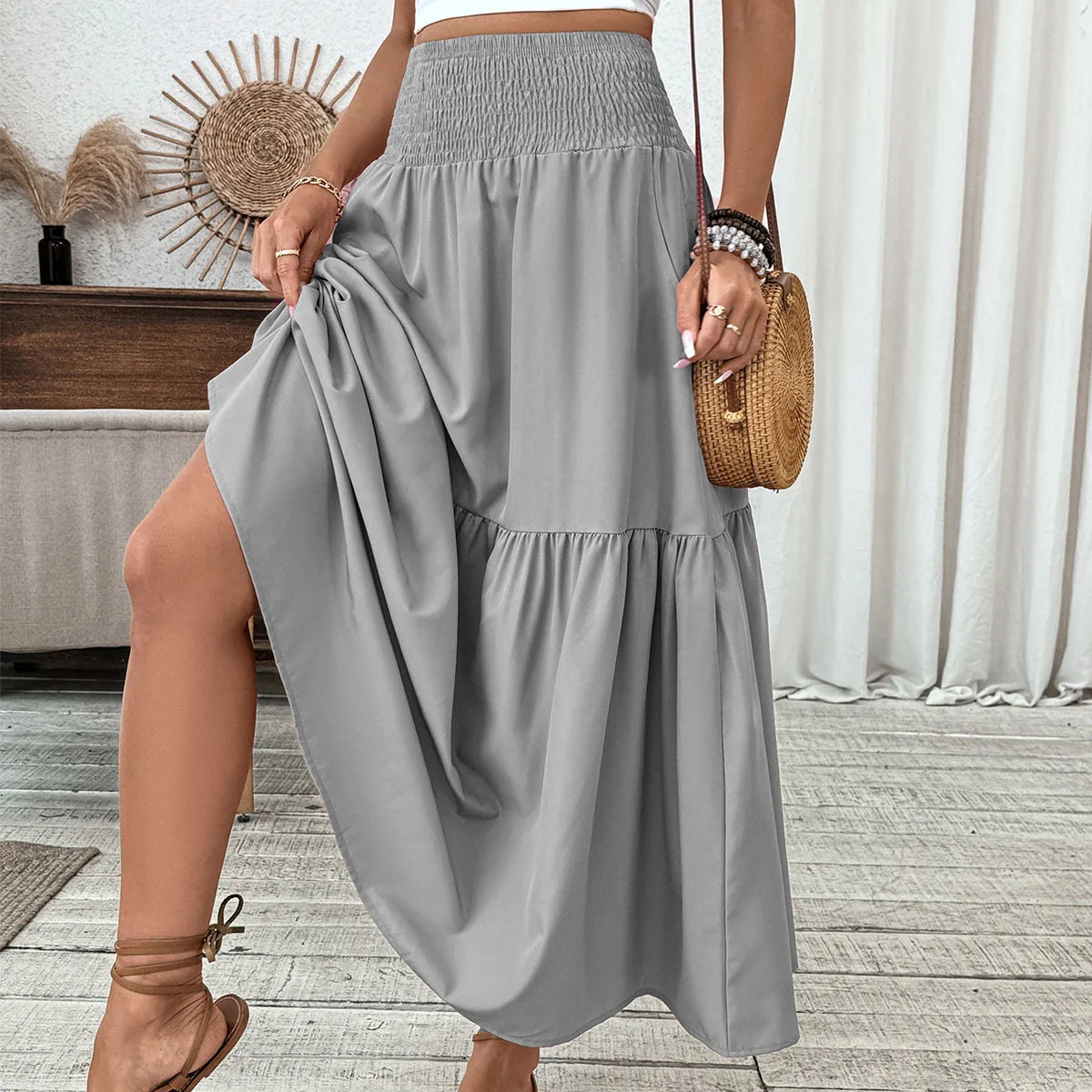 Women Floral Pleated Skirt – Retro High Waist Long Skirt for Stylish Casual Beach Wear GRAY