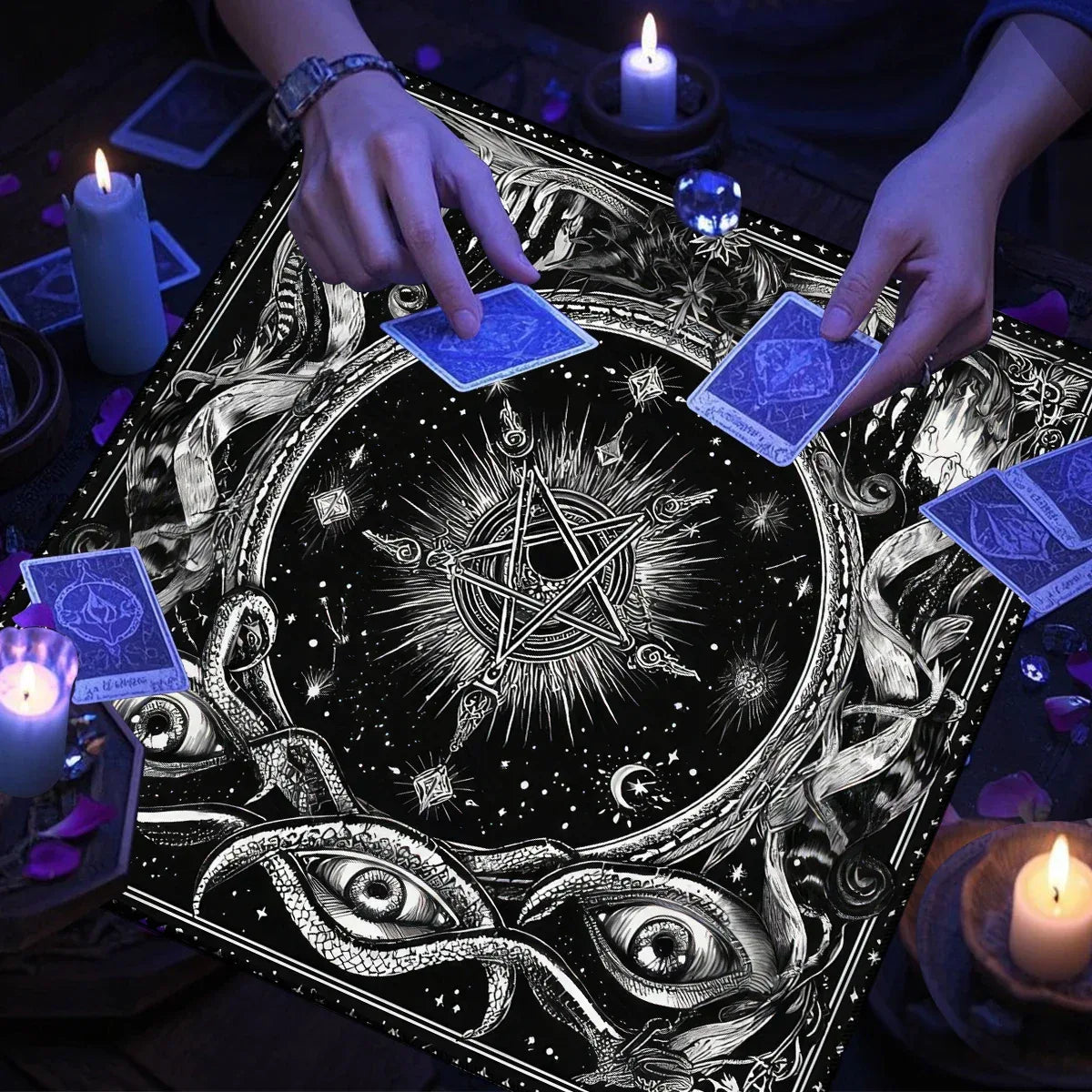 Pentagram Flowers & Plants Tarot Card Tablecloth Polyester Moon Tree of Life Altar Cloth Pagan Starry sky Divination Home Decor