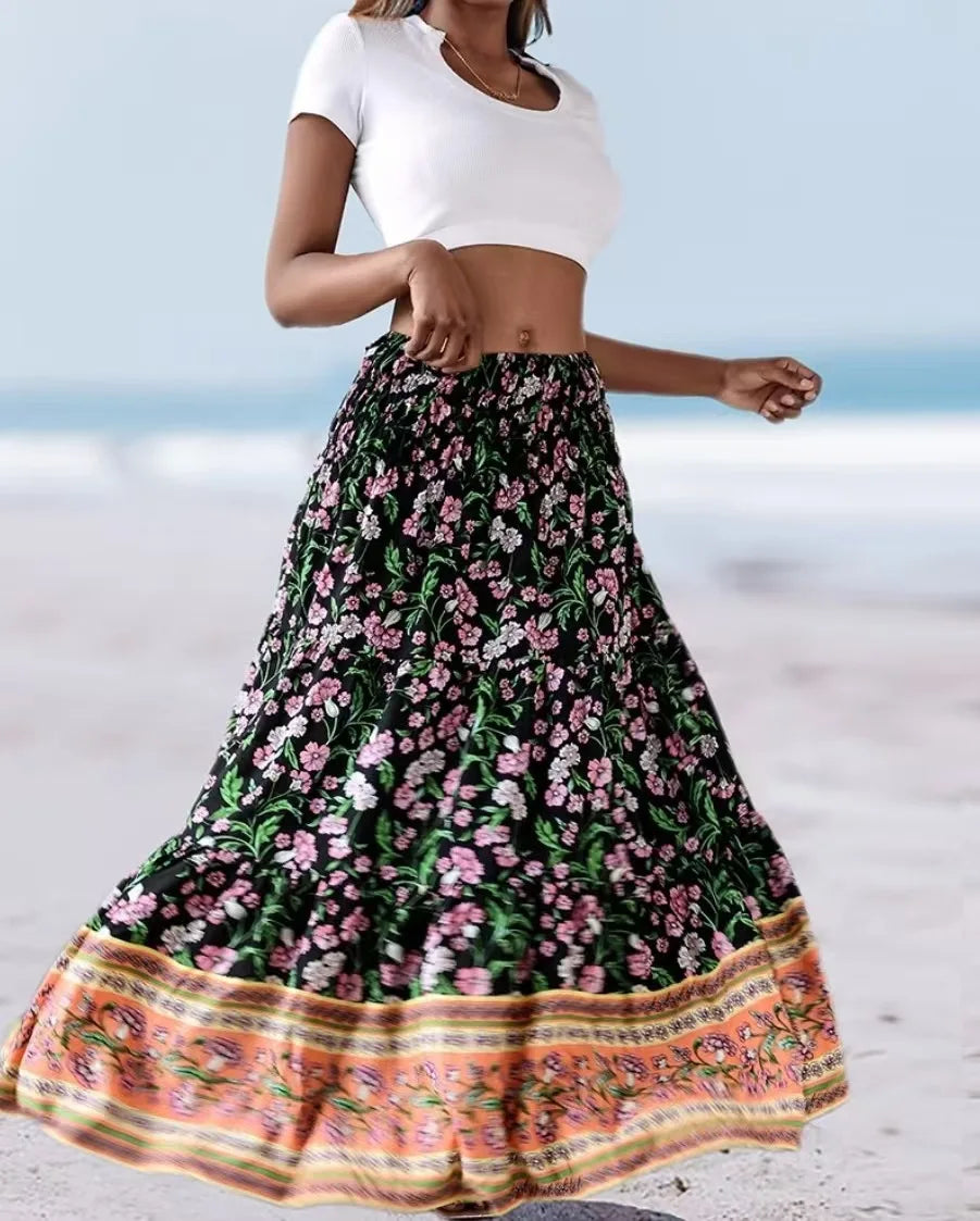 👗 Fashion Boho Printed Long Skirt – Casual Retro Vacation Style with Elastic Waist and A-line Big Hem for Women, Spring Summer New