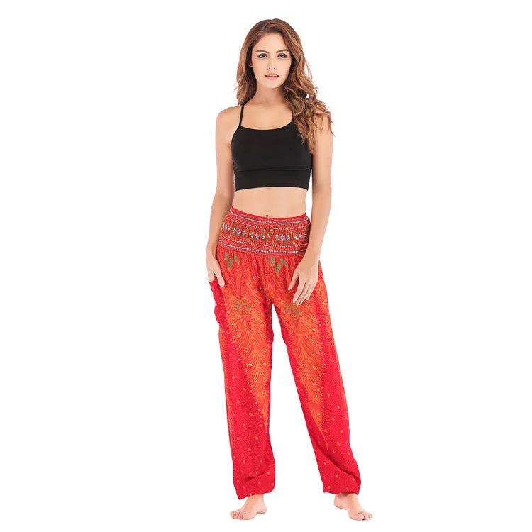 🧘‍♀️ Women’s Yoga Boho Pants – Floral Print Harem Leggings with Pocket, High Waist, Elastic Waistband, and Ankle Straps