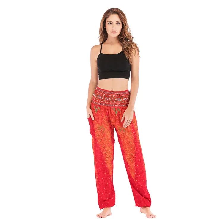 Women's Boho Yoga Pants - High Waist Floral Print Harem Leggings with Pockets for Comfort and Style
