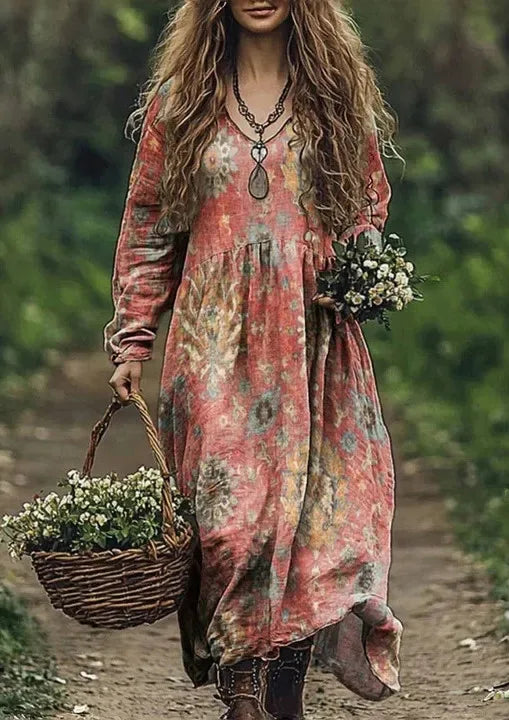 Casual Women’s Vintage Printed Dress - Long Sleeve Loose Swing Dress for Spring & Autumn