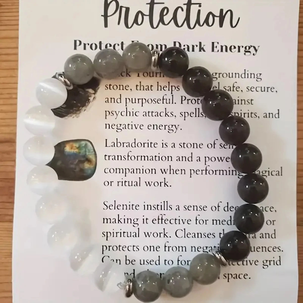 🛡️ Natural Stone Protection Bracelet – Black Tourmaline, Selenite & Labradorite 8mm Gemstone Beads for Energy Shield & Balance