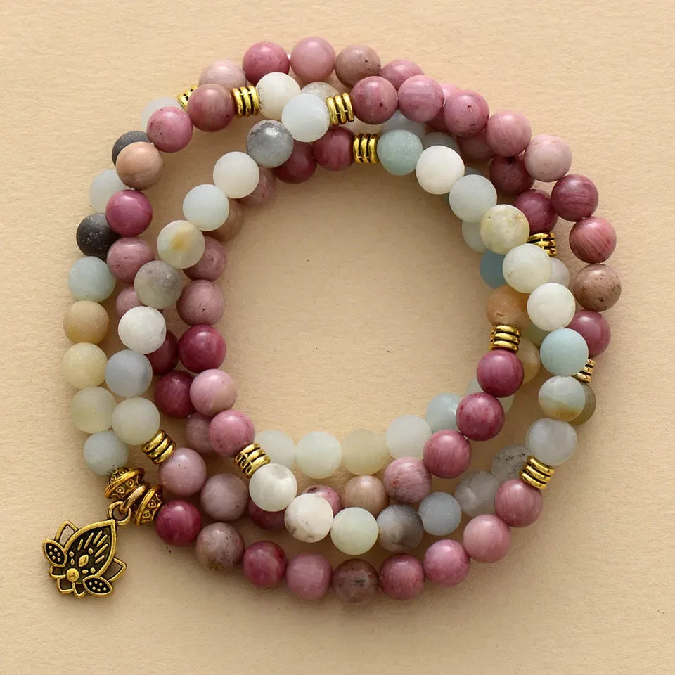 🕉️ 108 Bead "Soul Harmony" Mala Necklace: 6mm Natural Healing Stones with Lotus Charm – Elastic Yoga & Meditation Bracelet for Inner Peace