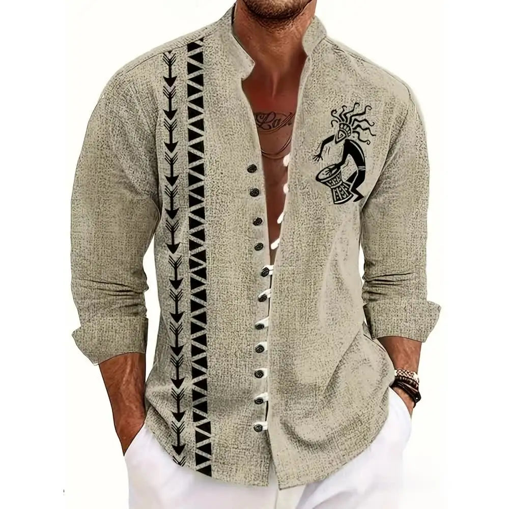 🗿 The Ethnic Totem Edition: Premium Men’s Modern-Retro Linen Shirt – High-Definition Tribal Totem Graphic Print, Breathable Organic Cotton-Linen Blend, and Sophisticated Urban-Casual Short-Sleeve bkcs5