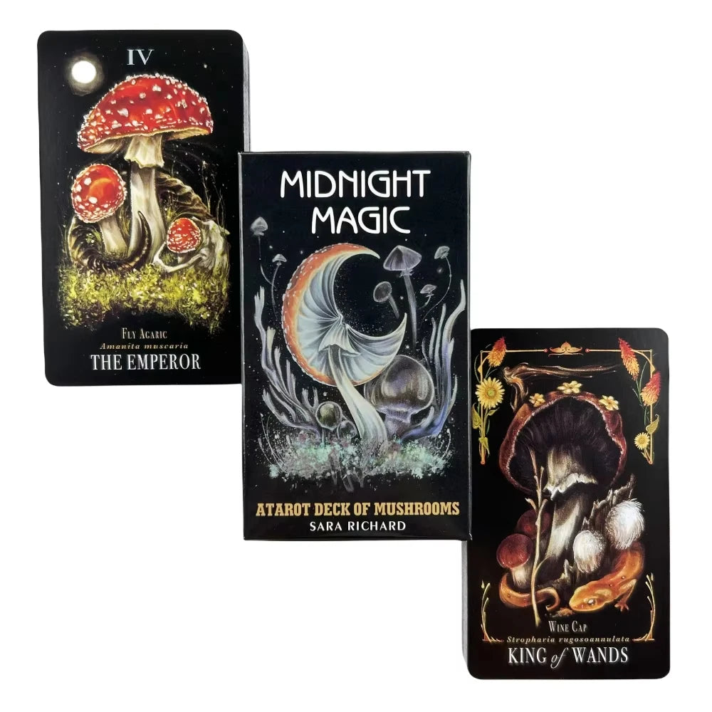 🍄 Midnight Magic Tarot Deck of Mushrooms – 78 Unique Cards | Rider-Waite Based | Stunning Fungi Illustrations | 138-Page Full-Color Guidebook Included | Compact Size 10.3 x 6 cm