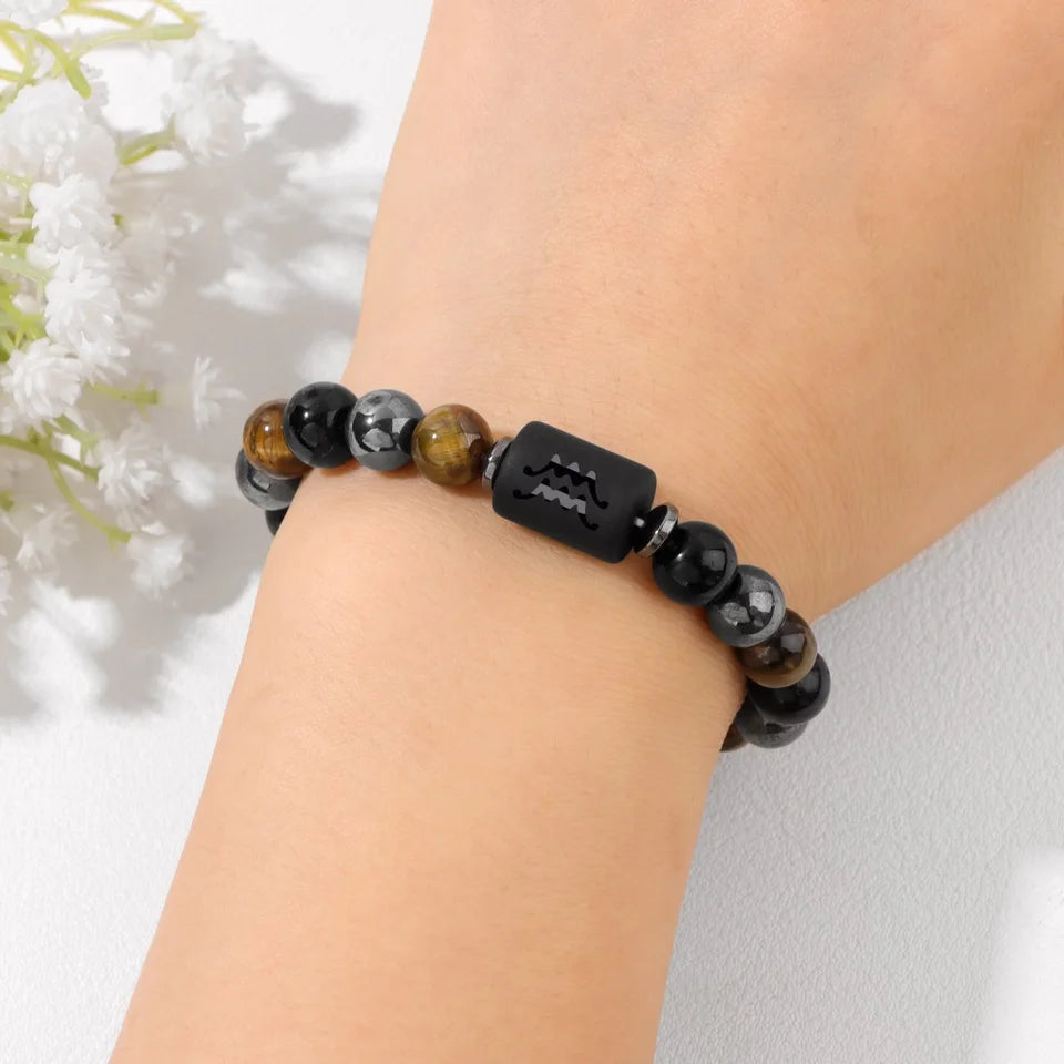 ✨ 12 Constellation Zodiac Sign Bracelet – Tiger Eye, Hematite & Obsidian Triple Protection Stone Beaded Bangle – Empowering Energy Jewelry Gift