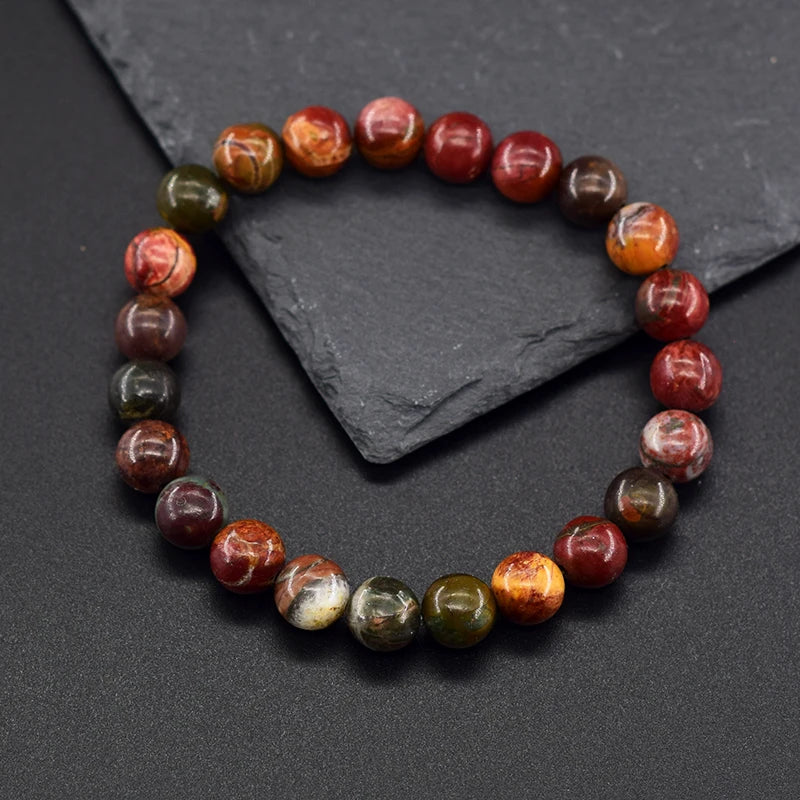 ✨ Natural Red Picasso Jasper Stone Beads Elastic Bracelet – Unisex Healing Crystal Jewelry with Round Red Pine Beads – Elegant Jade Bangle Gift