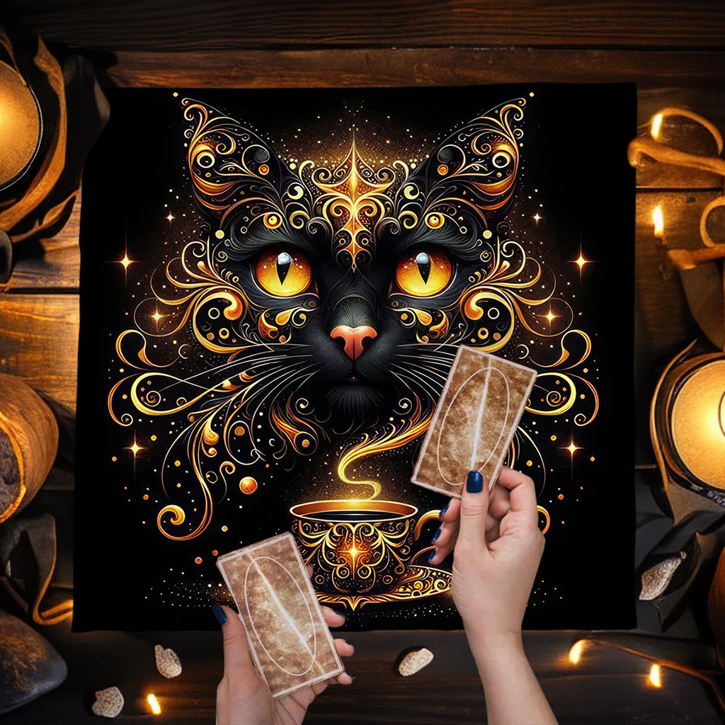 🌟Gold Witchcraft Cat Altar Cloth | Tarot Tablecloth for Spread & Reading | Starry Sky Divination Mat | Altar Decor Pad